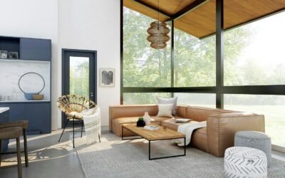 living room with brown sofa and glass window