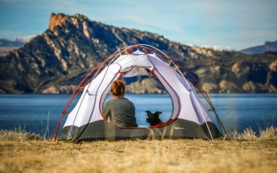 woman and a dog inside outdoor tent near body of water