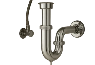 Illustration d’un siphon de lavabo propre et accessible sous une vasque moderne. L’image évoque le choix d’un modèle pratique pour limiter les bouchons et les mauvaises odeurs.