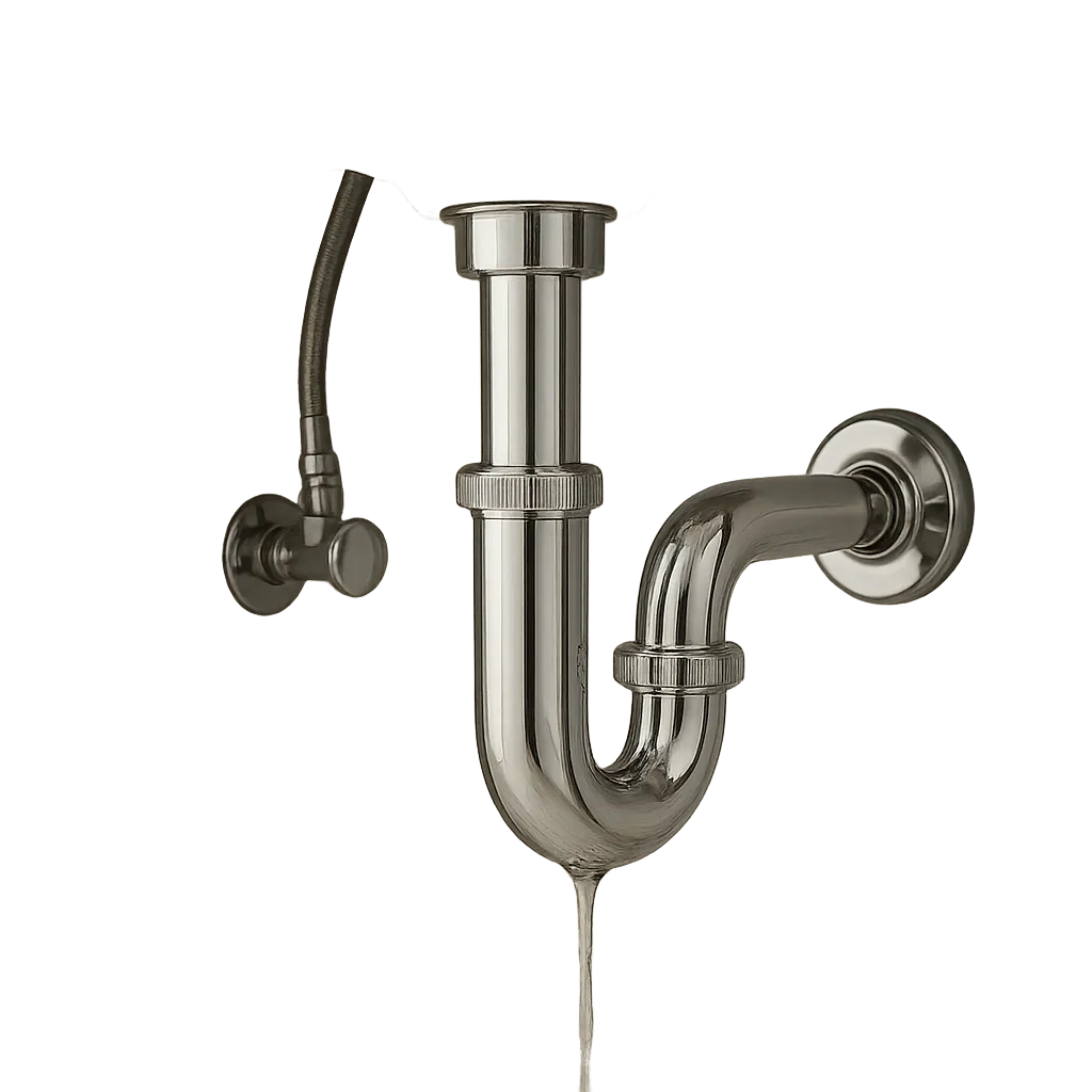 Illustration d’un siphon de lavabo propre et accessible sous une vasque moderne. L’image évoque le choix d’un modèle pratique pour limiter les bouchons et les mauvaises odeurs.