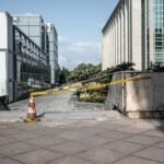 stairs outdoor with early warning design and caution tape