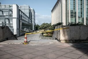 stairs outdoor with early warning design and caution tape