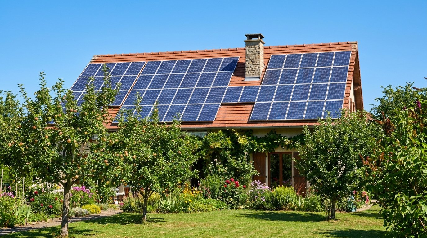 Toit de maison individuelle française avec panneaux solaires photovoltaïques, ciel dégagé, jardin
