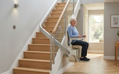 Monte-escalier installé le long d'un escalier de maison, rampe moderne, intérieur clair